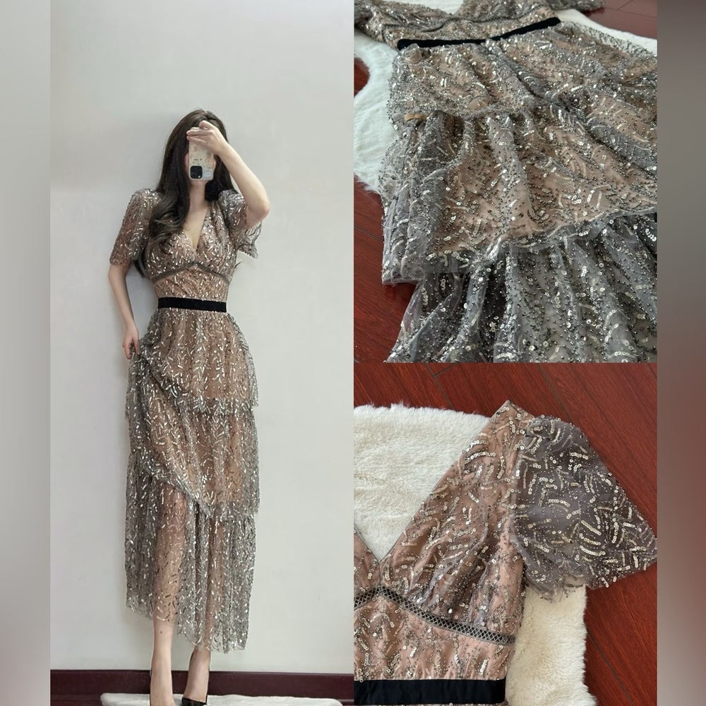 SELF-PORTRAIT Leaf Sequin Midi Dress US 2/UK 6